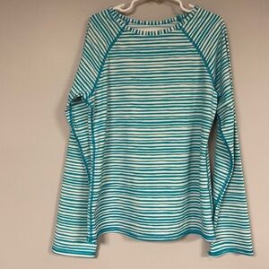 Garnet Hill Kids, 10,  super stretchy top/swim top, turquoise and white stripe